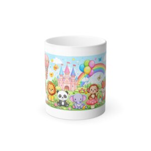 Color-Changing Kids Mug — Cute Safari & Castle Animals with Rainbow (11 oz)
